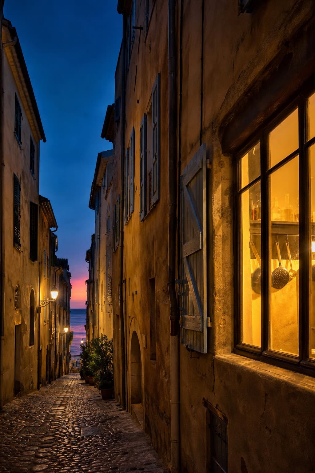 A narrow old-town street in St-Tropez at blue hour, windows glowing gold.
