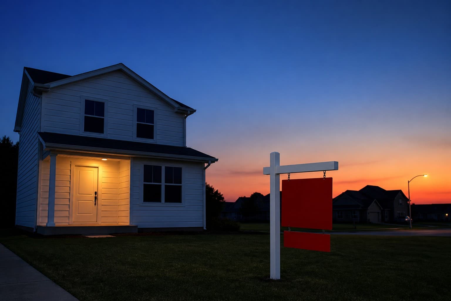 A house at dusk, one porch light on — a last look.
