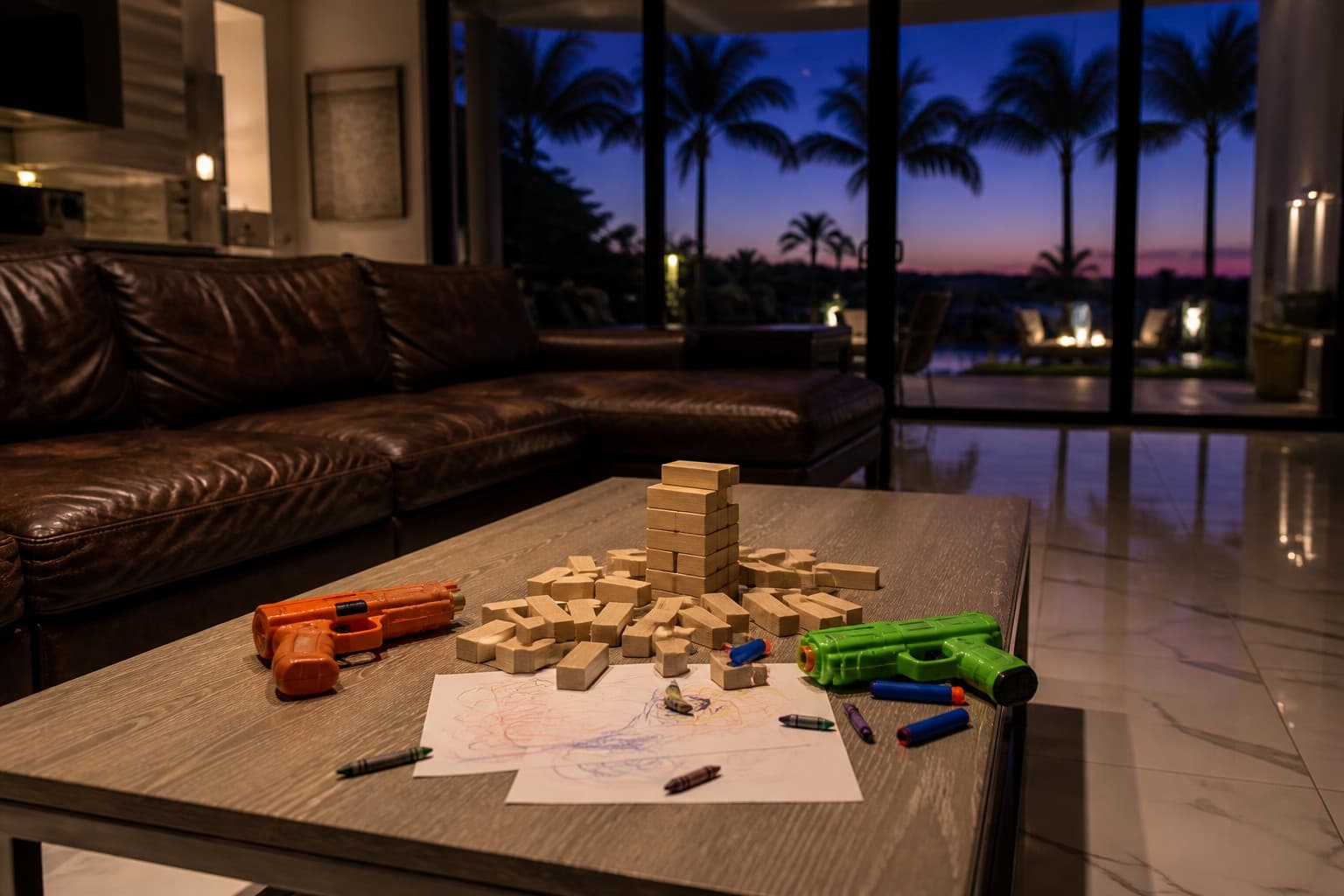 A Florida living room at dusk, leather sofa and a coffee table of blocks, crayons, and darts.