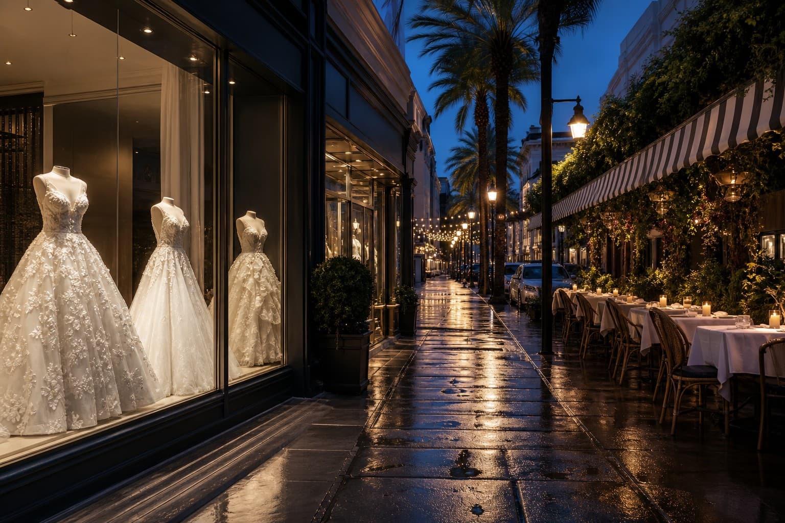 A downtown street at night, wedding gowns in a boutique window.