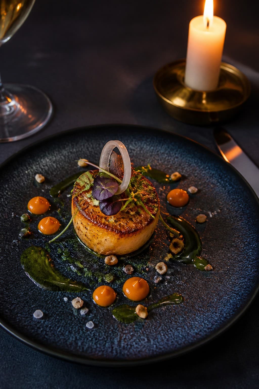 A tasting-menu plate for two, candlelit.