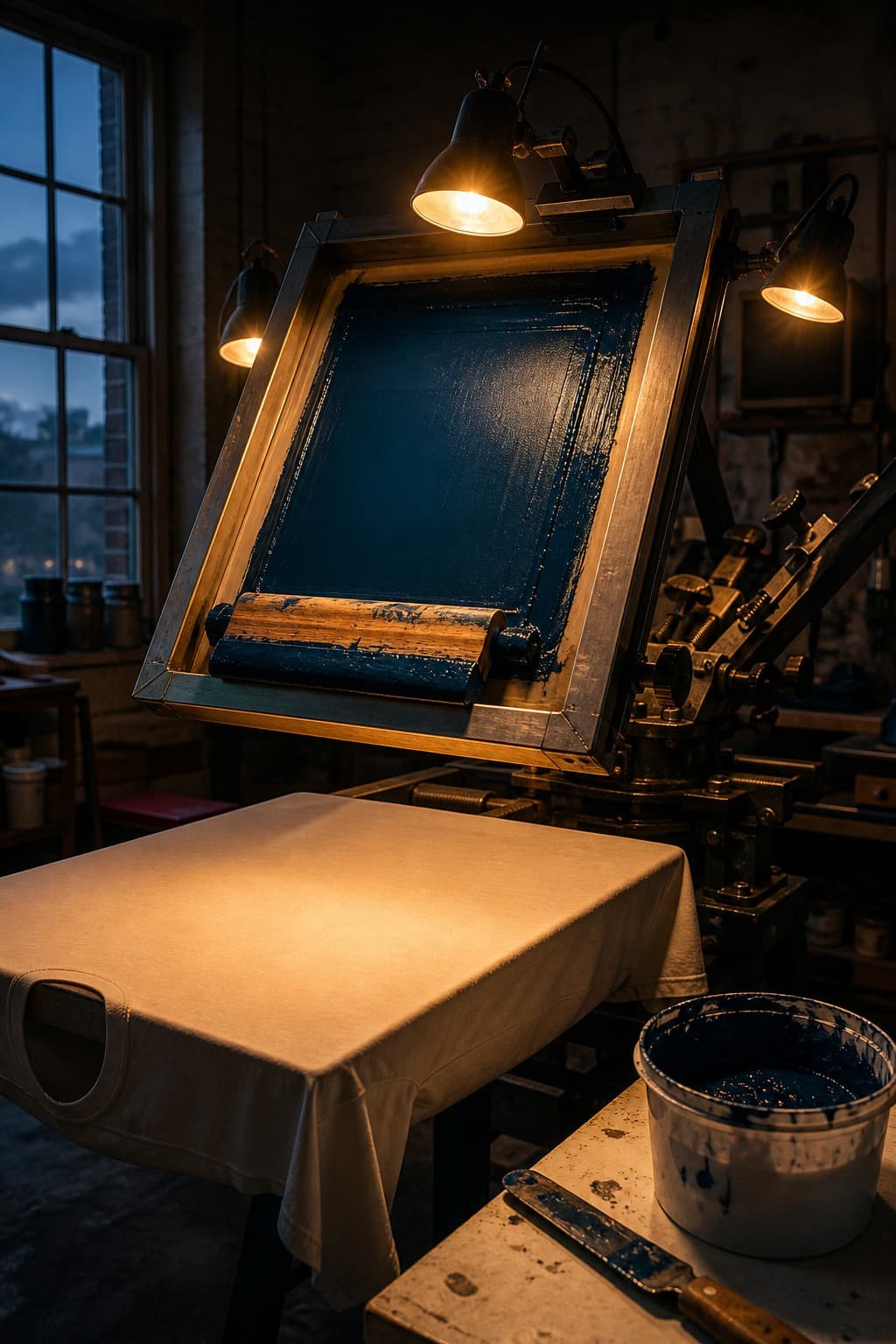 A screenprinting press at close of day, teal ink on the screen and a shirt on the platen.