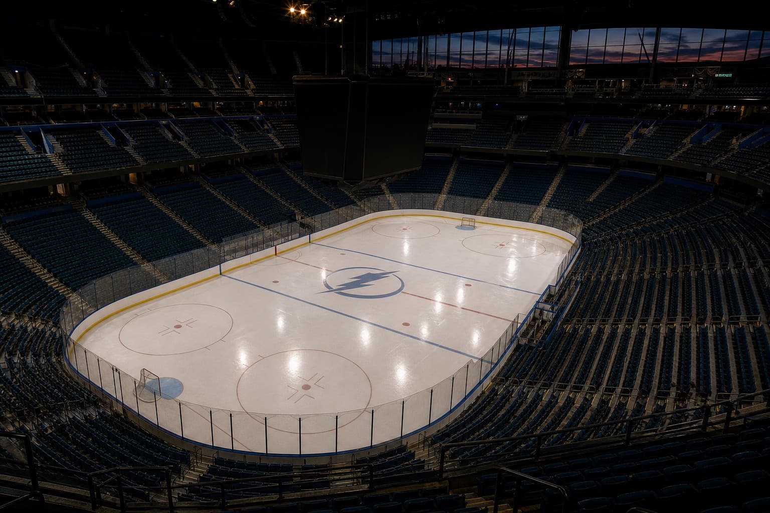 An empty Tampa Bay Lightning arena bowl, ice glowing under the lights.