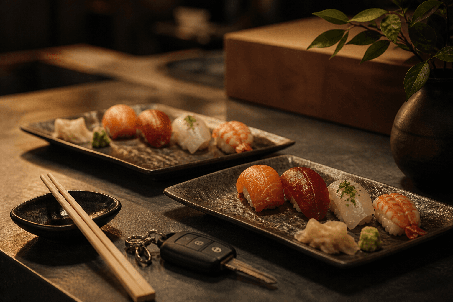 Two plates of sushi on a dark counter. Placeholder still.