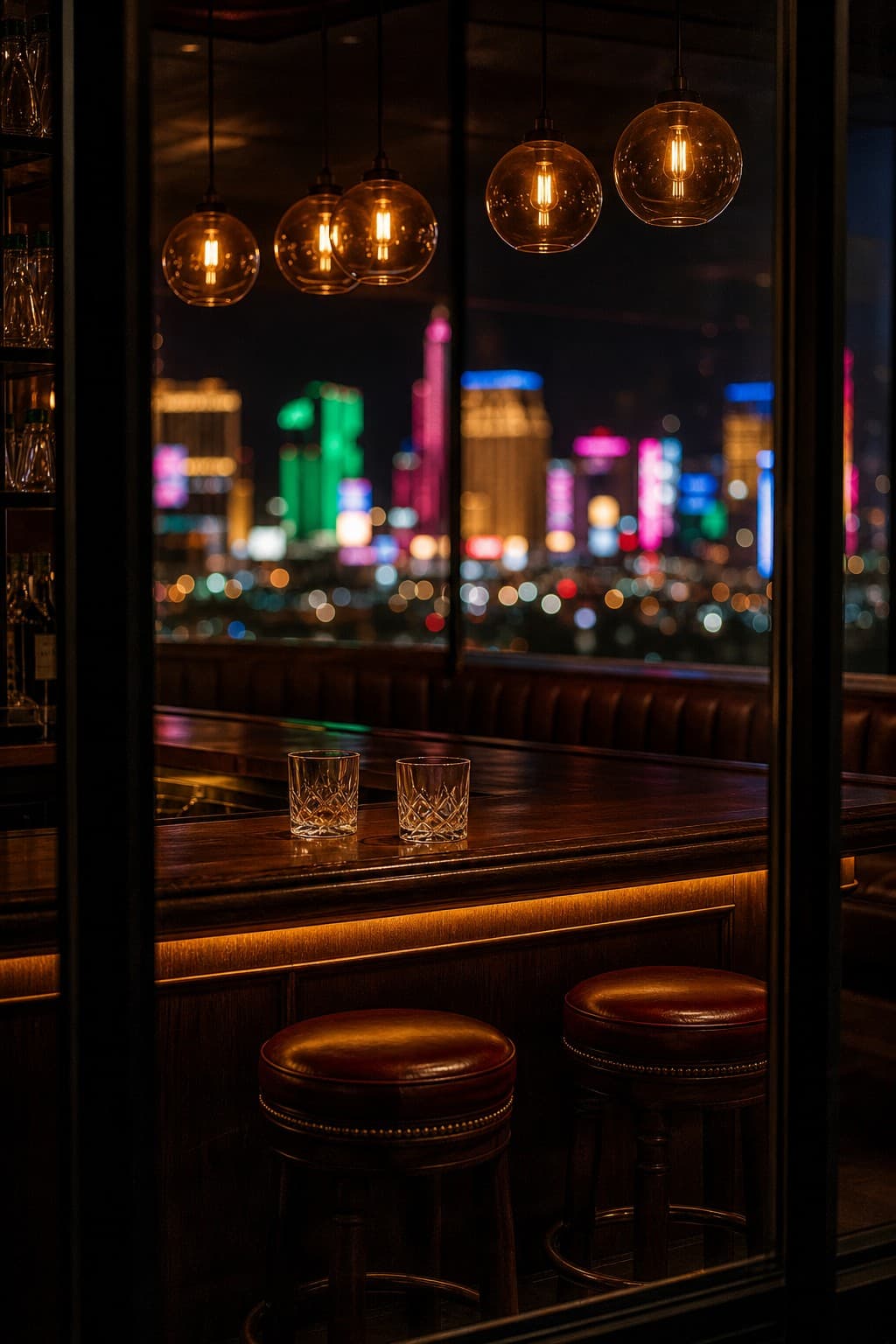 An empty hotel bar at night, amber pendants and two stools.